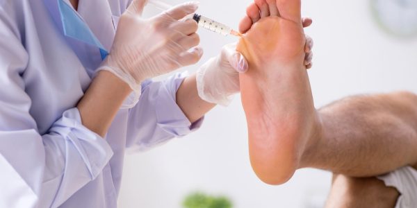 Doctor giving an injection into the bottom of a right foot