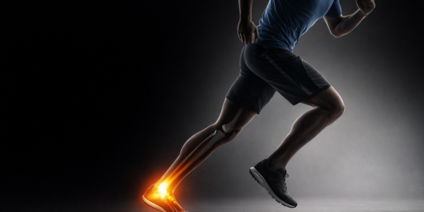 Illustration of running and Achilles tendon pain highlighting inflammation in the tendon near the heel.