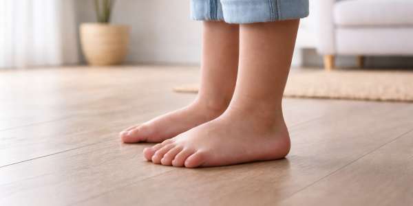 Close-up of a young child’s bare feet on a hardwood floor, illustrating are you born flat footed and flat arches