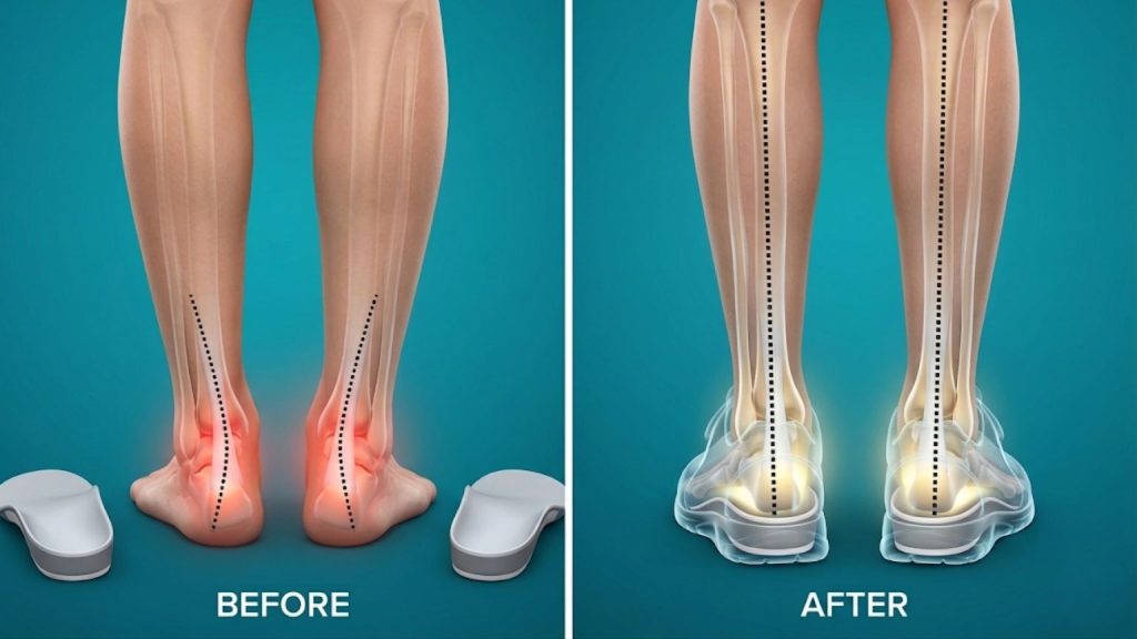 Illustration showing improvements before and after custom orthotics for proper support and posture.