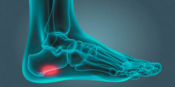 X-ray style illustration highlighting heel inflammation, showing symptoms of a ruptured plantar fascia