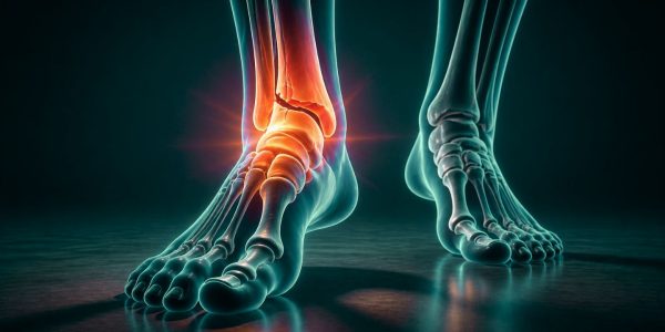 X-ray style illustration showing a fractured foot highlighting one of the types of fractures in the foot