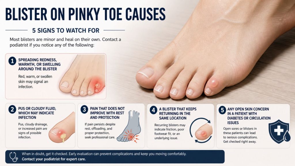 Infographic showing 5 signs to watch for with a blister on the pinky toe, including redness, infection, and when to see a podiatrist. 