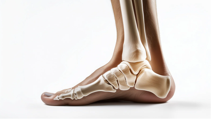 Illustration showing the anatomy of the ankle and foot with visible bone structure and joints.Â