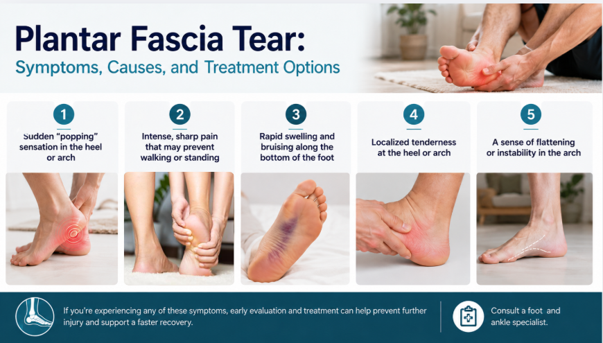 Visual guide showing common symptoms of a plantar fascia rupture, including sudden heel pain, bruising, and arch instability 