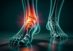 X-ray style illustration showing a fractured foot highlighting one of the types of fractures in the foot