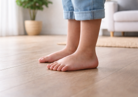 Close-up of a young child’s bare feet on a hardwood floor, illustrating are you born flat footed and flat arches